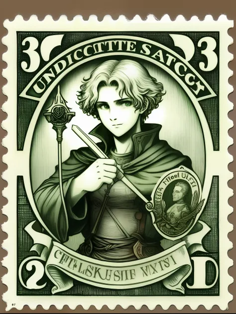 vintage United States Postage Stamp, 3 cent stamp, Rudeus using spells, green ink, line engraving, intaglio