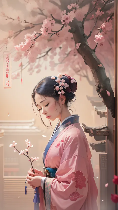 oriental classical woman with delicate facial features，peach blossoms bloom outside the flat-roofed wall，the woman lowered her h...