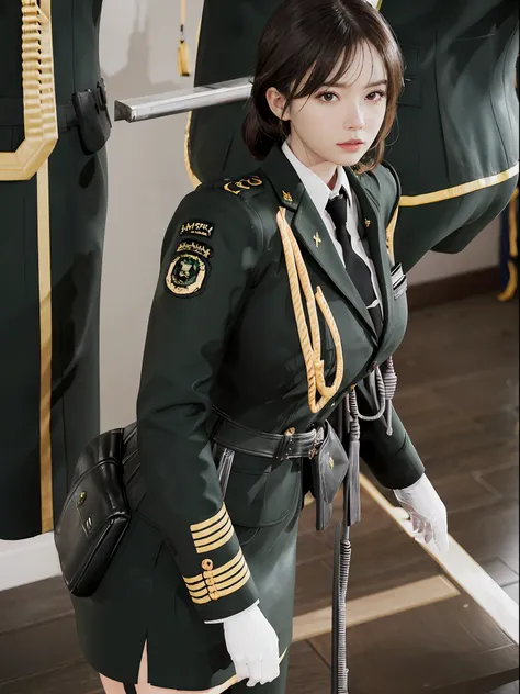 Very detailed CG unity 8K wallpaper,(tmasterpiece),(best qualtiy),(ultra - detailed),(Ultra photo realsisim),(best character detail:1.36),Nikon D750 f / 1.4 55mm,profesional lighting, physically-based renderingt, 1girll, Female soldier,army suit,Green mili...