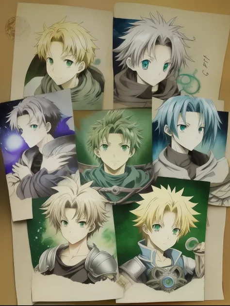 (((Rudeus))),((Obra-prima do anime))), Concentrando Magia verde azul, vortex, particuls, (sentado), 1 garoto, vintage Estados Unidos Selo Postal, Selo de 3 centavos, tinta verde, Gravura em linha, intaglio