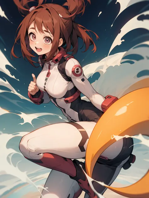 ochako uraraka, ochako, 1girl, solo, adesivos de blush, bodysuit, boca aberta, sorriso, seios, botas, fundo rosa, fundo simples,...