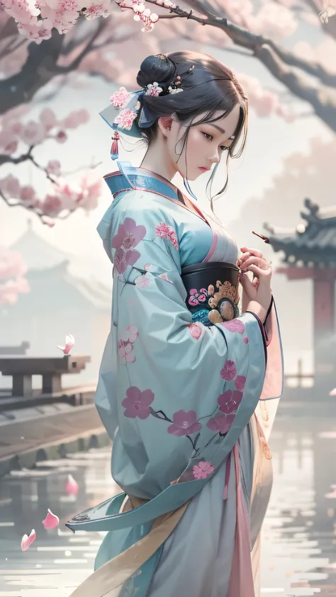 oriental classical woman with delicate facial features，raised his head to look at a peach blossom，the ancient city of hangzhou l...