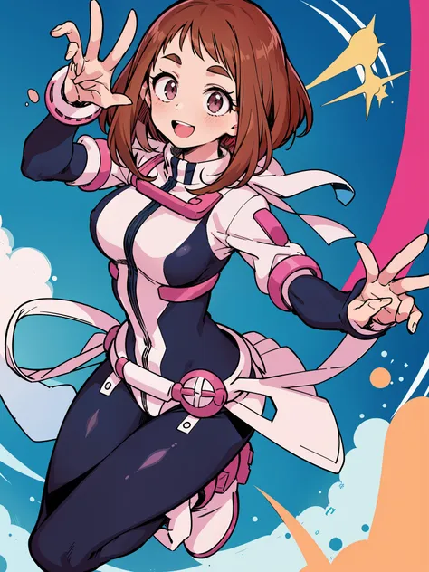 ochako uraraka, ochako, 1girl, solo, adesivos de blush, bodysuit, boca aberta, sorriso, seios, botas, fundo rosa, fundo simples,...