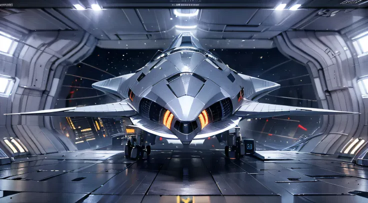 fighter shape starship，random shape，the future is full of technology，complex symmetrical structure，ultra-detailed graphics，led l...