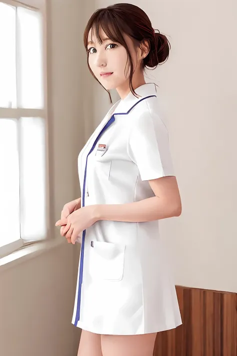 alafed woman in white nursing uniform poses for photo,ultra mini skirt、much shorter skirts、sit so that you can see your panties....