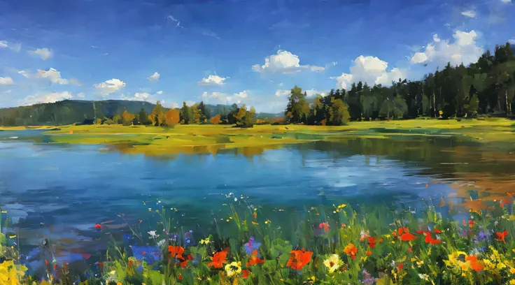 Summer, meadows, flowers, lake, heaven, clear blue sky, sunny, HD detail, hyper-detail, cinematic, dynamic lighting, deep field focus, colorful