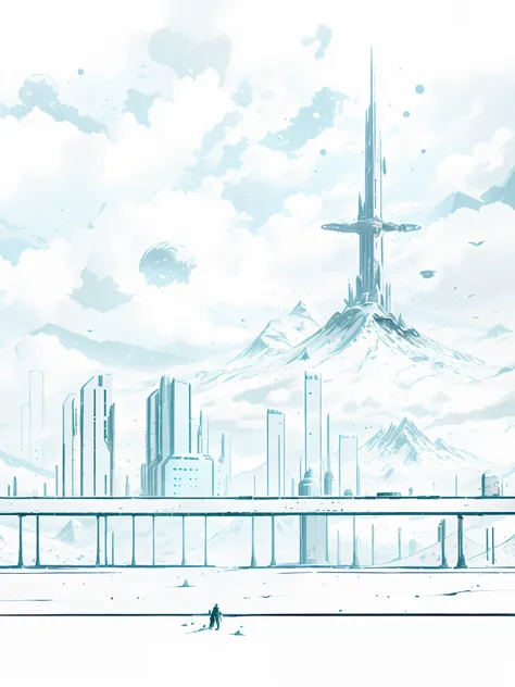 futuristic city style，celluloid style illustration，{a space elevator standing at the top of a mountain}，{{sky elevator}}，mountai...