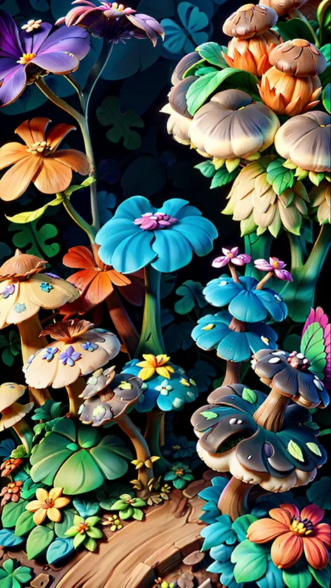 Mushroom forest,butterflys,lotuses,four-leaf clover,Cyber Mushroom Forest,Ultra-detailed digital fantasy art。Mushrooms are everywhere in the picture,The unique mushroom shape creates a magical casa scene