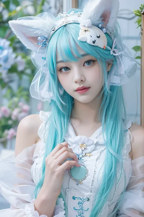 The appearance is very attractive, Wear a pair of light blue pantyhose,Wear it with a blue and white Lolita dress,He wears a pair of white fox ears on his head,There is also a white fox tail behind him,Fair and delicate skin,The makeup on the face is elega...