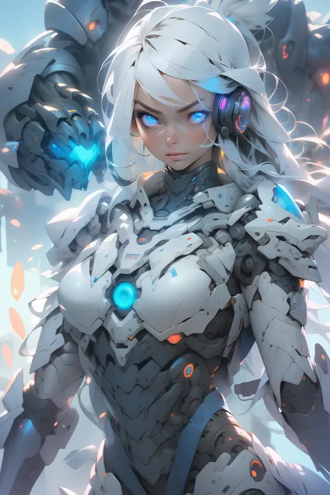 (masterpiece), (best quality), 1girl, cyborg girl, female warrior battle field, portrait, close-up shot, (blue glowing eyes), cy...