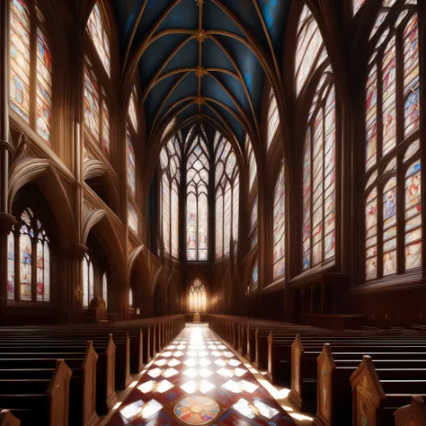 ((best quality)), ((masterpiece)), ((realistic)), chies， interior of the cathedral with stained glass windows，crosses，lectern，la...