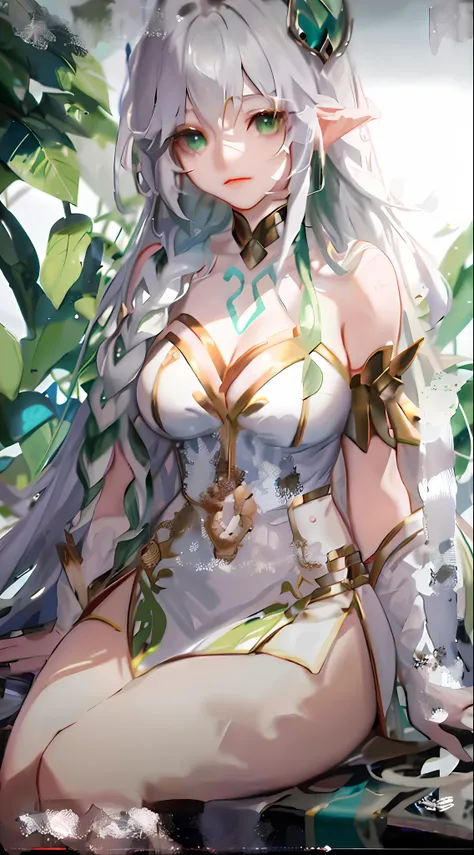 White evening dress，Green and white hair，Bare legged，With a tiara，huge tit