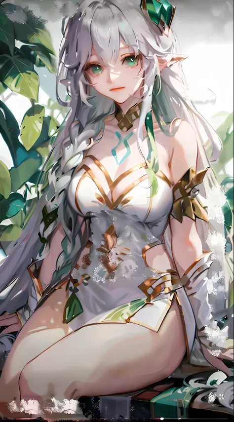 White evening dress，Green and white hair，Bare legged，With a tiara，huge tit
