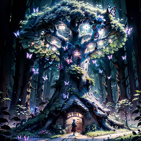 it's dark，only butterflies are flying，tiny glowing butterflies，there is a giant glowing tree in the darkness，there is a small gl...