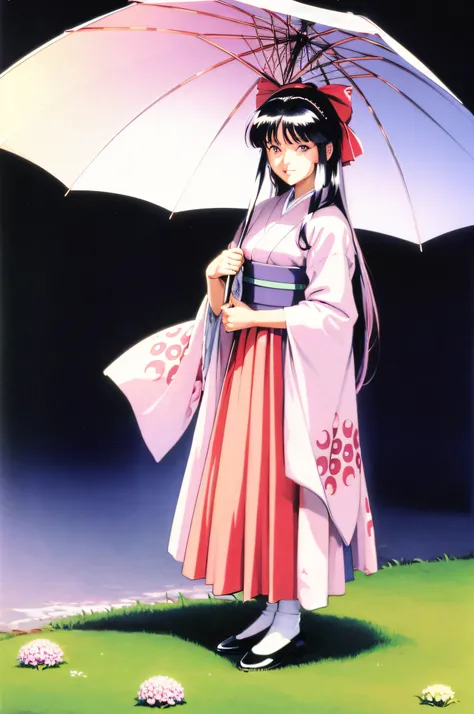 masterpiece, best quality,(1990s (style):1.2),Sakura Shinguuji (sakure wars), 1girl, umbrella, solo, japanese clothes, long hair, flower, oil-paper umbrella, kimono, hydrangea, bow