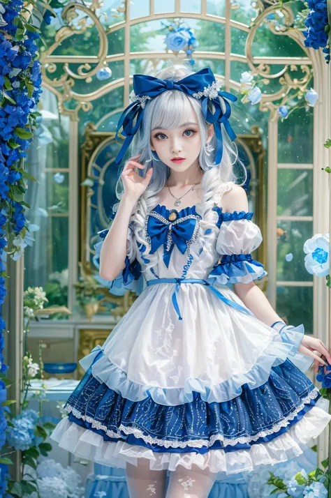 The appearance is very attractive, Wear a pair of sapphire pantyhose,Wearing a jewel blue and white Lolita dress,Fair and delicate skin,The eyes are a pair of clear and bright sapphire blues,The hair is sapphire blue,waist-high,The whole person exudes a fr...