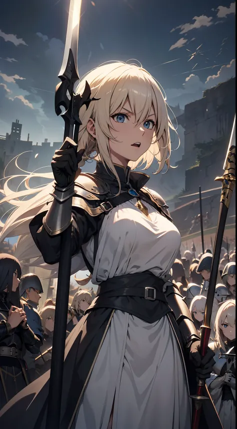 Jeanne Darc Alter, fate, Joan of Arc Alt holds a black sword in her hand,Raise up on the battlefield, 8K, japanese anime style high resolution, Perfect hand, Perfect eye, A detailed eye, The detailed hand, Armor, Raise Hand, Screaming, Angry expression, 2D...