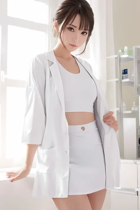 Woman in white nursing uniform over tank top poses for photo,Ultra mini skirt、The white coat is open in front and you can see the tank top and leather skirt.、Wear a lab coat over a tank top、much shorter leather skirts、Sit so that you can see your panties.、...
