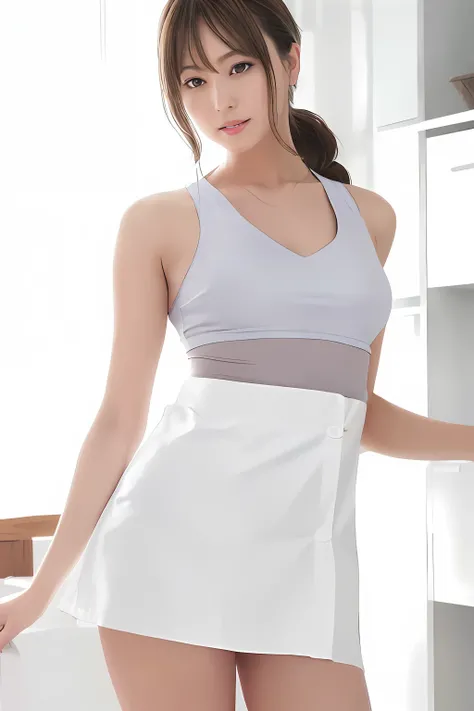 Woman in white nursing uniform over tank top takes photo,Ultra mini skirt、The lab coat is open in front of you, revealing a tank top and leather skirt..、Wear a lab coat over a tank top、much shorter leather skirts、Sit so that you can see your panties.、Short...
