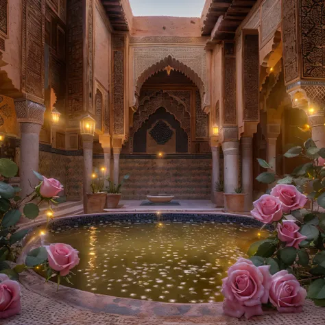 (Moon view), riad jacuzzi, (riad hotsprings), (steam), steamy hot, opalescent, Photoluminescence, fantasy, clear, Cinematic RAW photo, hyper real photo, ultrarealistic, dslr, soft lighting, high quality, reflections, photo, (sparkling) splashing, glistenin...