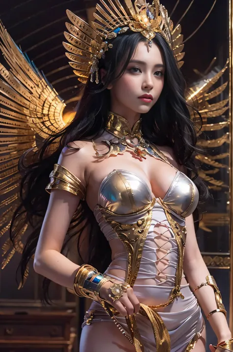 {Stunning female Egyptian angel}, Luminous Studio graphics engine, goth Renaissance, long black hair with golden stripes,、Ether Gold Iris, skin tanned, gold, Ray tracing, Full lips, {Defined eyebrows}, crystalline, Glitter, Detailed background of the deser...