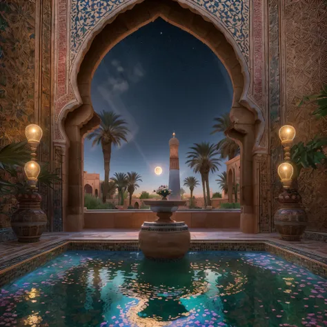 moon view, riad jacuzzi, steam, opalescent, photoluminescence, fantasy, clear, cinematic raw photo, hyper real photo, ultrareali...