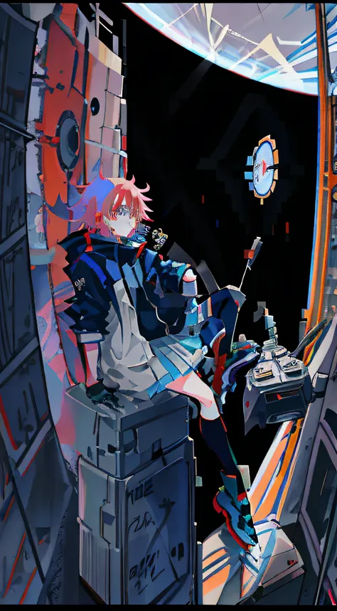 anime girl sitting on space station with gun, cyber space cowboy, flcl, :14 flcl + akira, anime mecha aesthetic, gainax anime st...