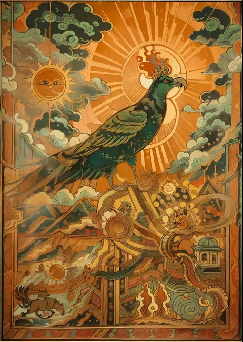 depicting the sun god bird（three-legged golden crow）quantity of murals, against the background of brilliant sunlight，a giant sac...