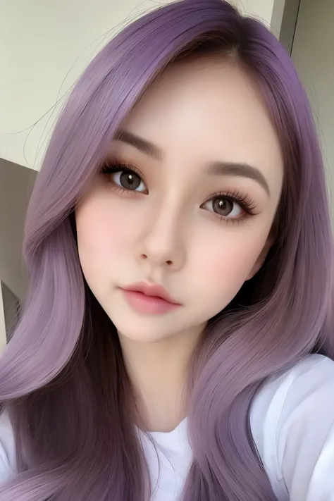 best quality, masterpiece,  (realistic:1.2), 1 girl, pastel purple hair, brown eyes,front, detailed face, beautiful eyes