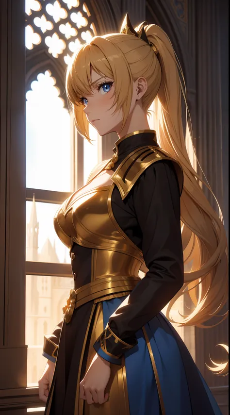 elegant anime female characters, golden ponytail, extremely attractive eyes, medieval knight and aristocratic costumes, daytime,...