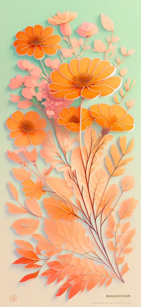 orange marigold, delicate pastel background with veined leaf ornament, thin dark lines, dark veins in the leaves, transparent flower petals, warm color scheme, elegant floral ornament, delicate botany, small flowers, dill inflorescences, flat image, pastel...