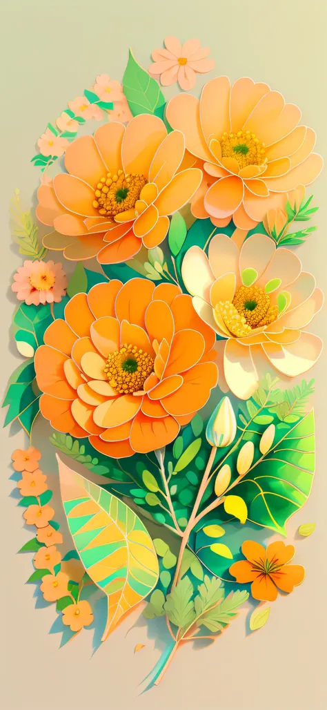 orange marigold, delicate pastel background with veined leaf ornament, thin dark lines, dark veins in the leaves, transparent fl...