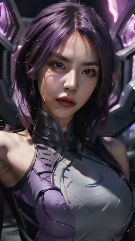 1girl，kai'sa，league of legend，casa，purple wings，deep purple hair，purple eye，serious expressions，intense glare，looking at viewert...