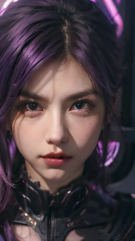 1girl，kai'sa，league of legend，casa，purple wings，deep purple hair，purple eye，serious expressions，intense glare，looking at viewert...