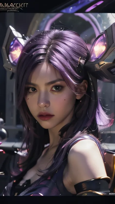 1girl，kai'sa，league of legend，casa，purple wings，deep purple hair，purple eye，serious expressions，intense glare，looking at viewert...