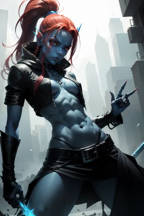 blue skin undyne the undying showcasing her skills with blue spear badass stylish rap gang signs from d a hood, gangsta yo!