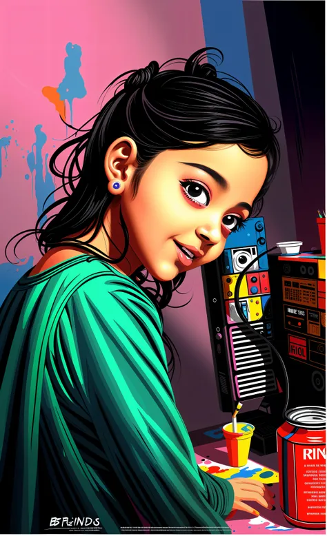 painting of a little girl, btflindngds, brown eyes, indian, vibrant and bold pop art with high contrast colors, dynamic composit...