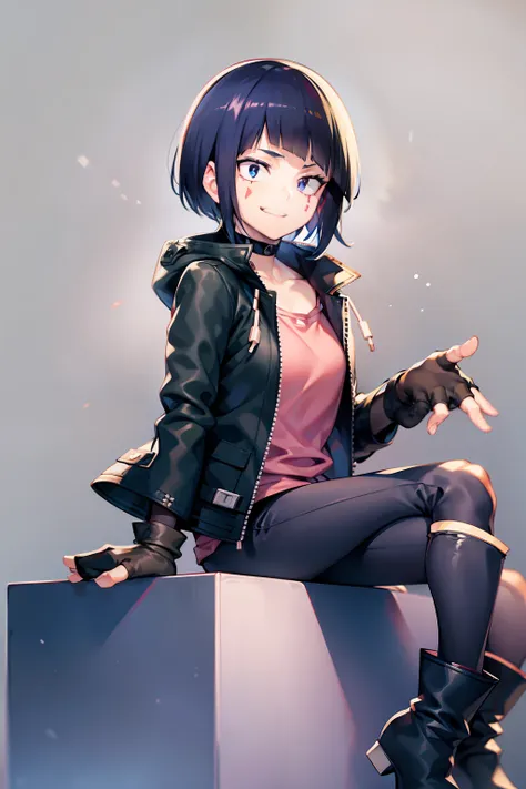 kyoka jiro, 1girl, solo, looking at viewer, smile, short hair, bangs, simple background, shirt, black hair, gloves, long sleeves...