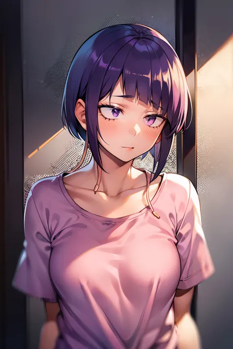 kyoka jiro, 1girl, solo, breasts, blush, short hair, bangs, simple background, shirt, white background, closed mouth, purple eye...