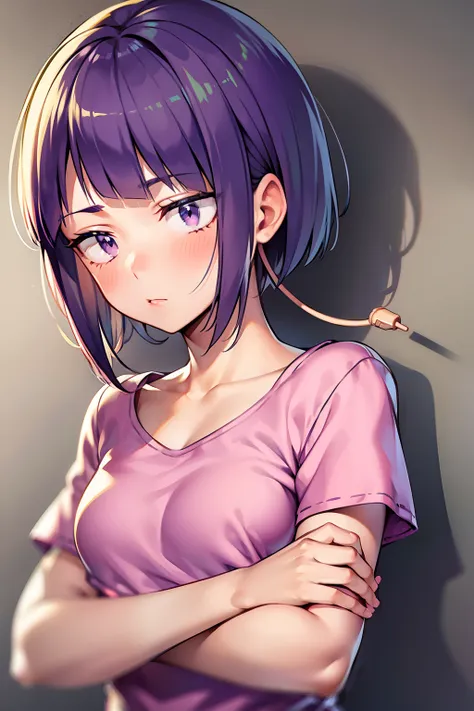 kyoka jiro, 1girl, solo, breasts, blush, short hair, bangs, simple background, shirt, white background, closed mouth, purple eye...