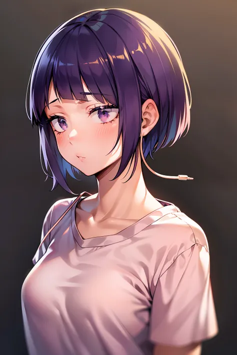 kyoka jiro, 1girl, solo, breasts, blush, short hair, bangs, simple background, shirt, white background, closed mouth, purple eye...