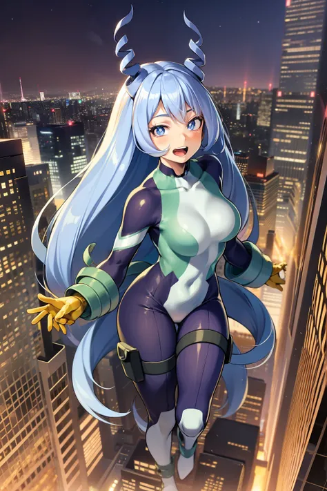 nejire hado, looking at viewer, bodysuit, full body, floating, night sky, city, city lights, from above, drill hair, 1girl, yell...