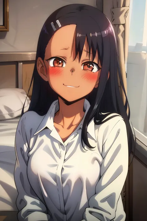 masterpiece, best quality, detailed, 1girl, nagatoro,  black hair, blush, cute eyes, cute, lying, on bed,