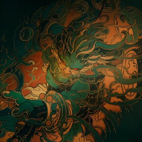 Solemn,Majestic,Dunhuang style,flat art,Traces of wind erosion,Mineral pigment coating,Mural style