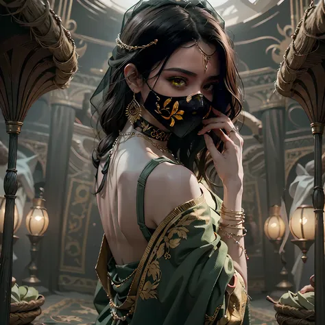 in a panoramic view,sportrait,photorealestic,Cyberpunk Style,All masked,3girl,Belly dancer,Dress in traditional luxury Arabian belly dance costumes,High-tech decorations,choker necklace,Bracelet,Anklets,Barefoot,Luxury bandana,Luxurious veil,masked,Mouth b...