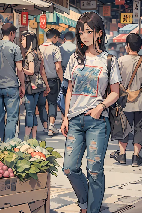 a young woman named yang feiyue standing on a busy street, contemporary rough t-shirt and jeans、map at hand, surrounded by stall...