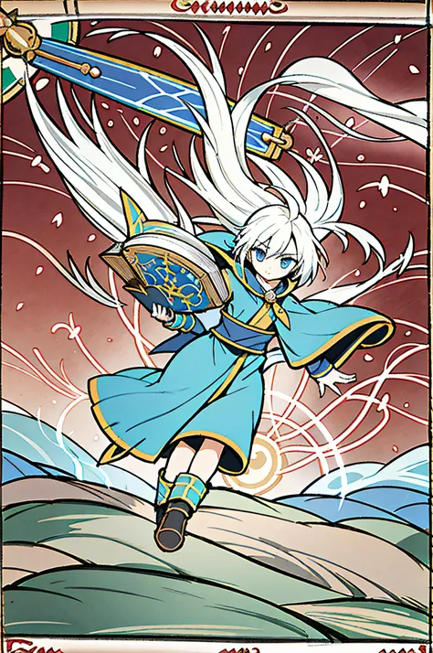 mage flying, wind force, by bestiary_style, masterpiece, best quality, solo, electric hair, wind power, book in hand, high detailed book, magic book, wizard book