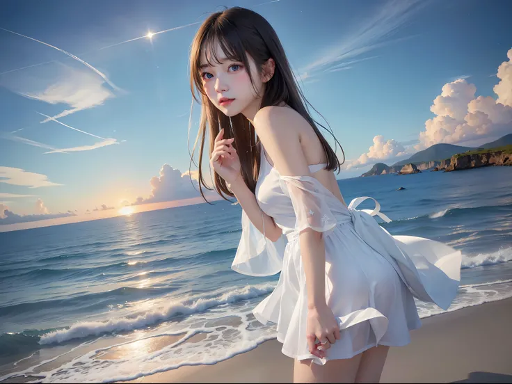 (Surreal)、(hight resolution)、(8K)、 (ighly detailed)、(Ultra clear skin pores)、(top-quality、masterpiece:1.3)、Beautiful girl in a white dress、1womanl、full body Esbian、Ultra mini skirt、Shoulders are sticking out、Green eyes、Smaller chest、Small butt、natta、starr...