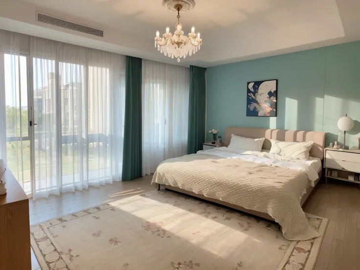 ,masterpiece, best quality,8k, ultra highres,Reallightandshadow,Open the door,Ushered in a romantic and dreamy marine world。The wall at the head of the bed seems to have been painted by nature itself,Gorgeous coral reefs、Spirited dolphins,It makes you feel...