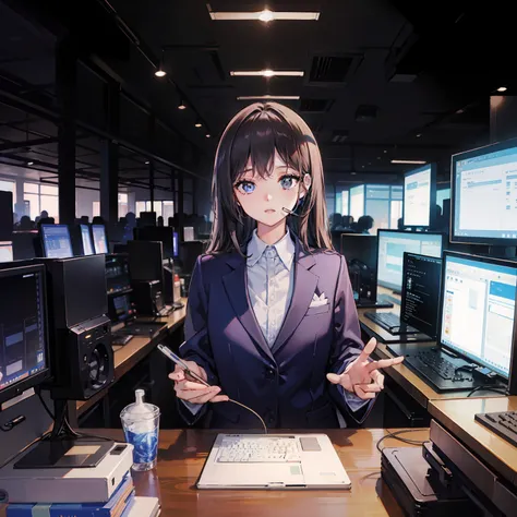 Computer Room、call center、girl with、Wearing a suit、operator
